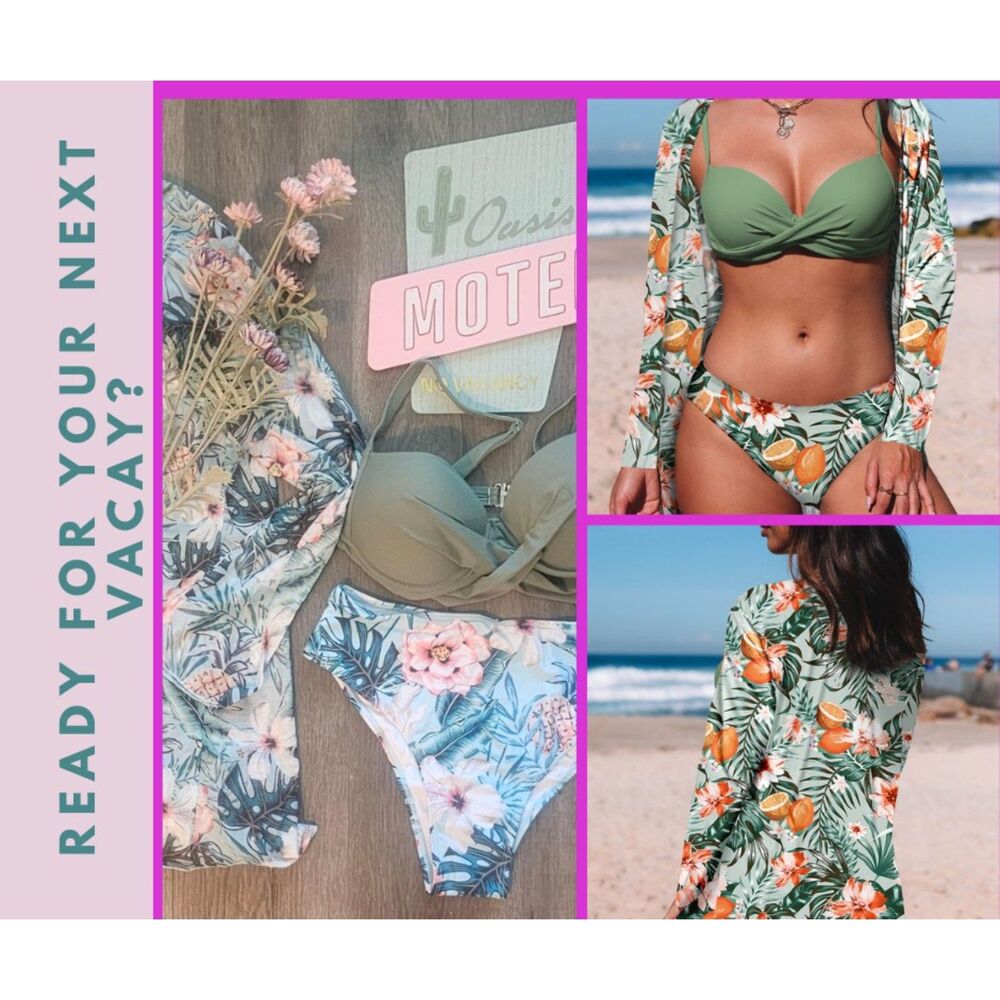 Tropical 3 Piece Bikini Set with Kimono | Twist Top Swimsuit -Size M (8-10)‎